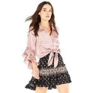 Misa Los Angeles Maryn Satin Ruffle Blouse Top S Button Down Mauve Pink